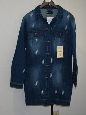Blue Age Distressed Ripped Cotton Denim Dress or Jacket Button Front Size L